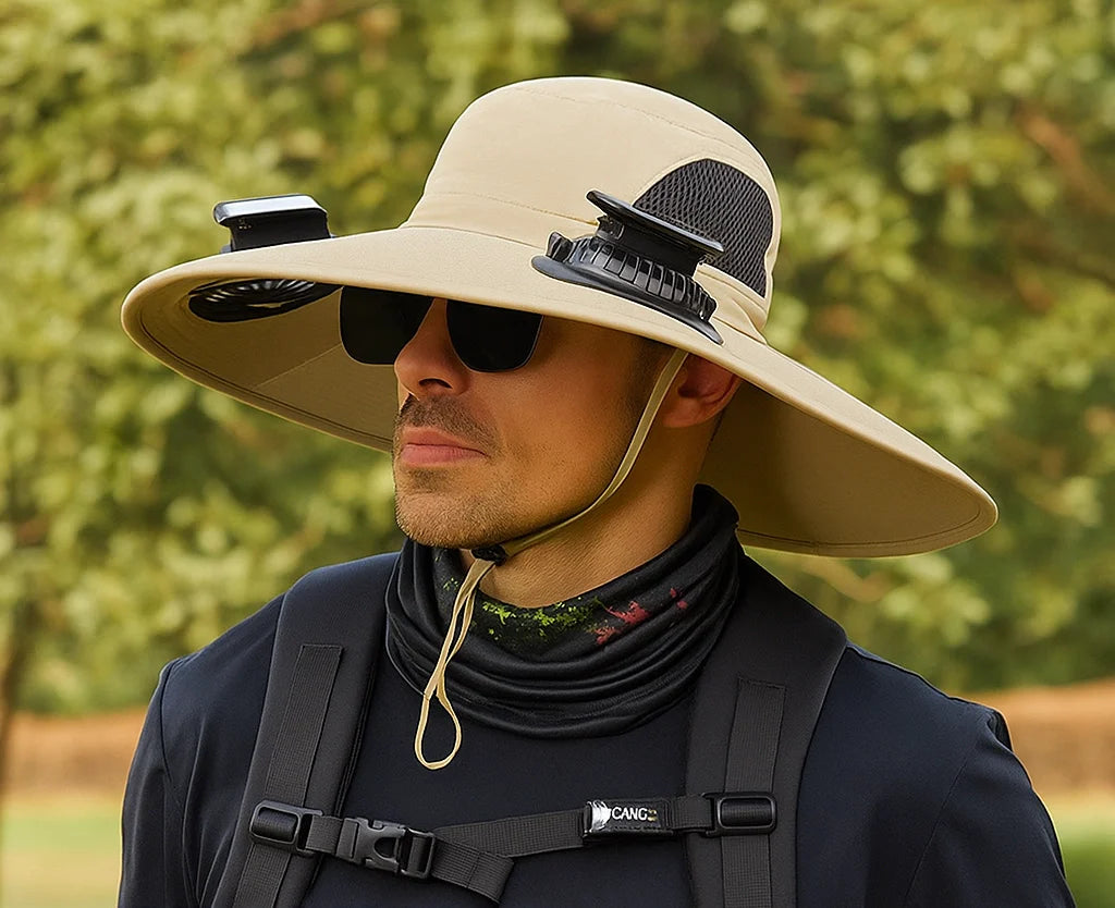 Wide outdoor sun hat with sun fan