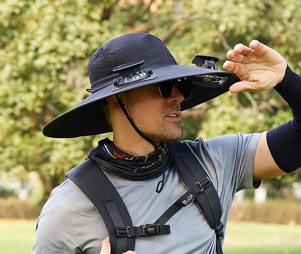 Wide outdoor sun hat with sun fan